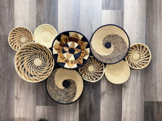 Assorted Set of 9 African Baskets 7.5”-16” Wall Baskets Set, Wall hanging decor, African wall basket, Boho wall art